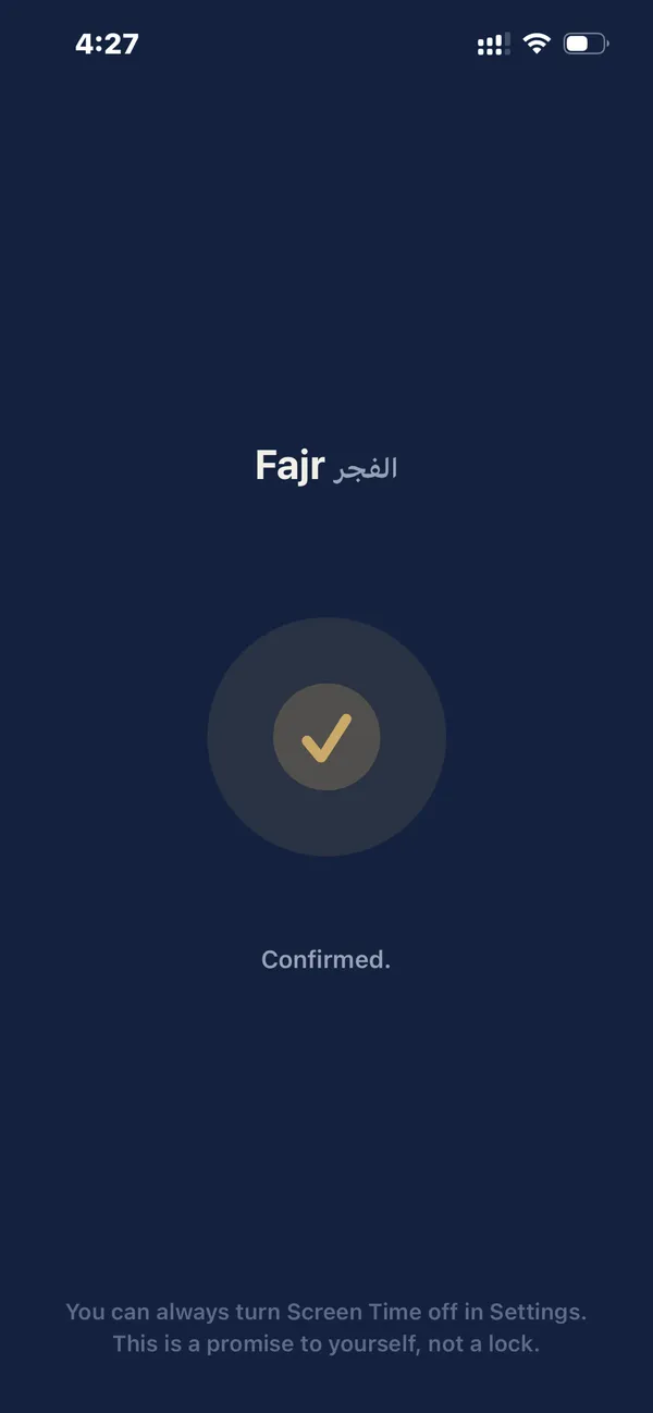 The unlock screen where you press and hold to confirm you have prayed before your apps return.