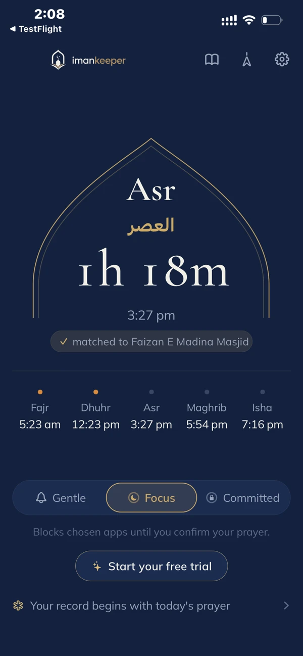 ImanKeeper home screen showing the next prayer countdown, matched to a specific mosque, with the five daily times below.