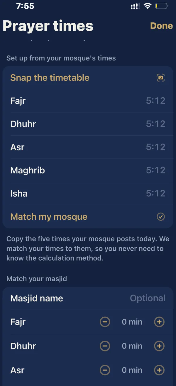 The camera screen for photographing a mosque's printed timetable so the app can read its times.